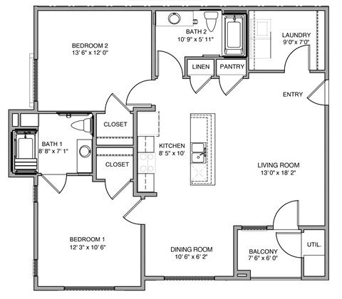 Floor plan for 2 beds, 2 baths, 1180 sqft